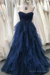 Sparkly Navy Blue Strapless Ruffle Layers Tulle Long Prom Dress